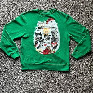 Fifth Sun Green Christmas Cat Sweatshirt Women Med Festive Jingle Bell Pullover
